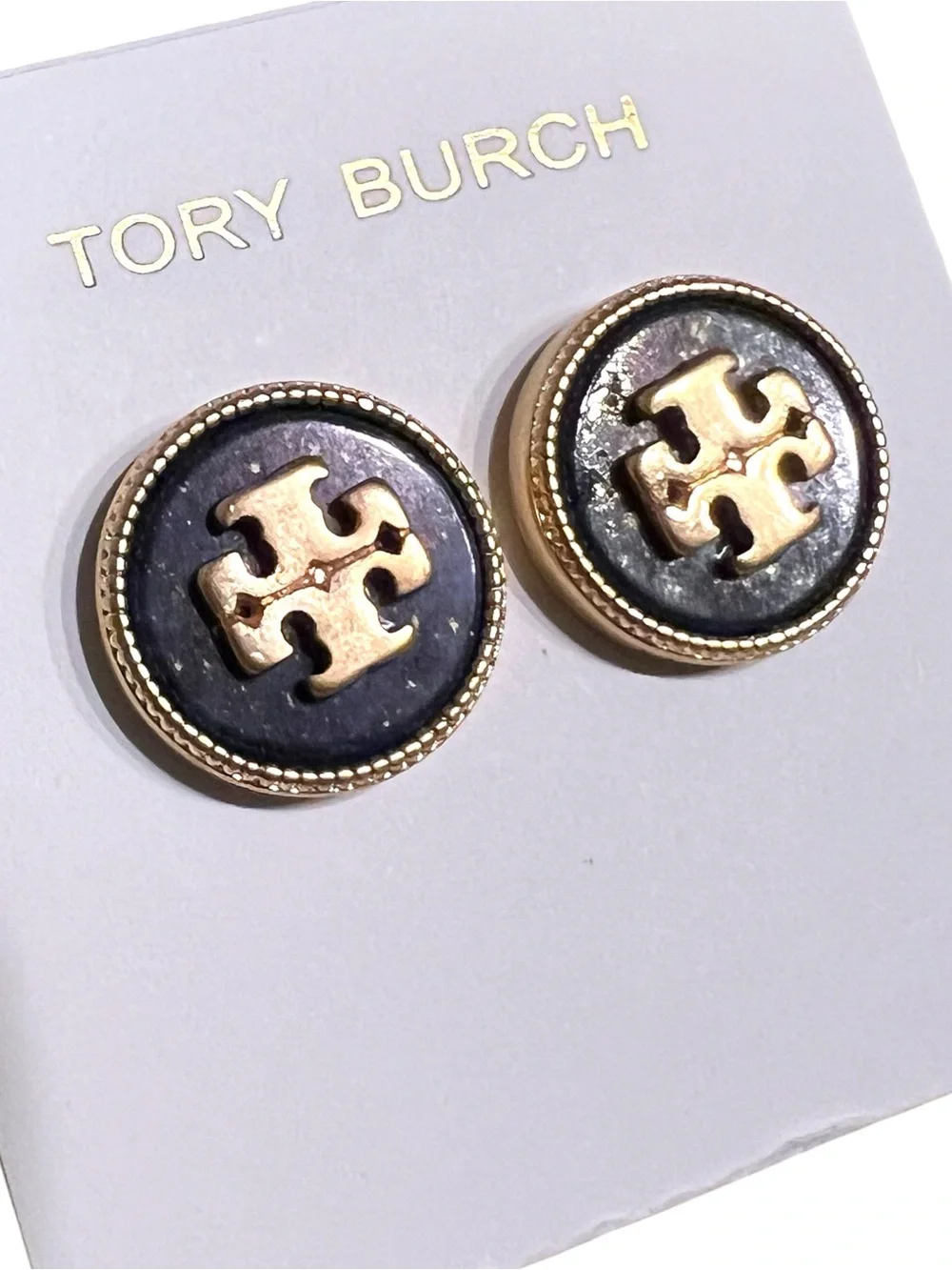 Tory Burch Lapis Gold Logo Round Stud Earrings